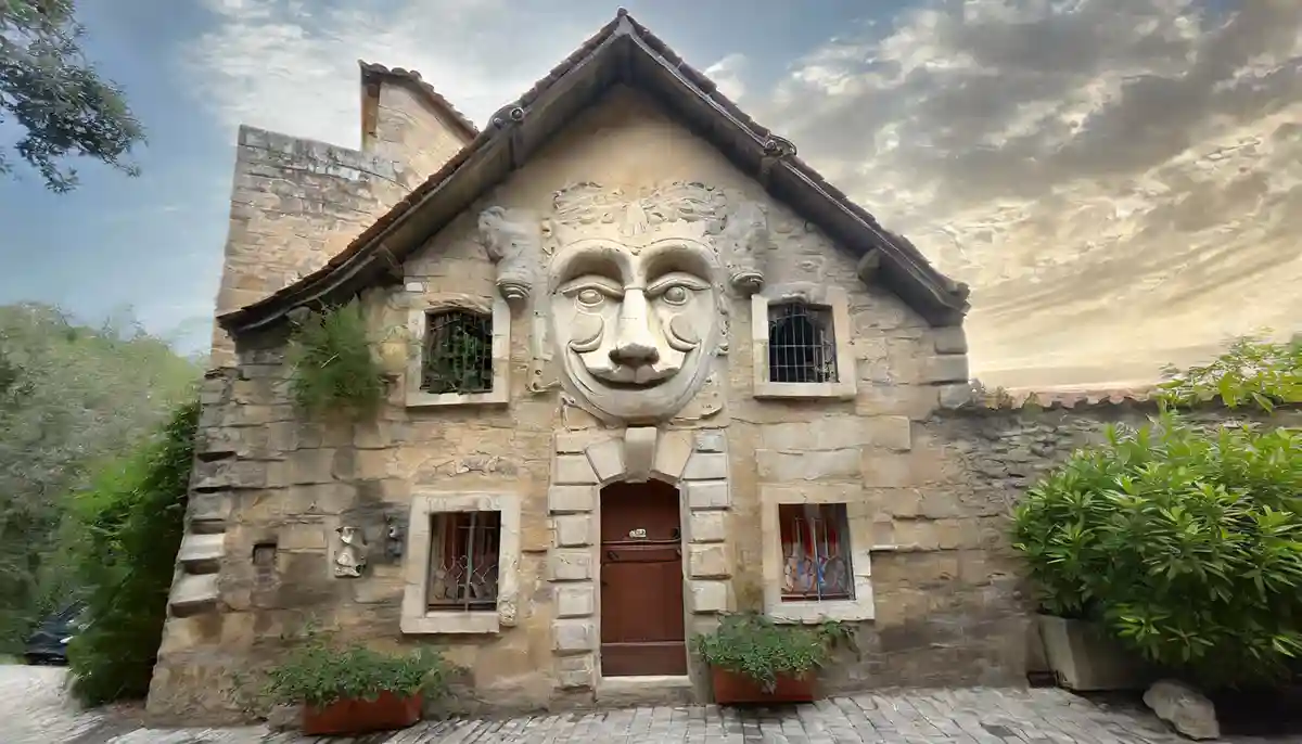 Phénomènes paranormaux Vieille maison romantique entière avec un visage incusté dans la pierre comme si la maison