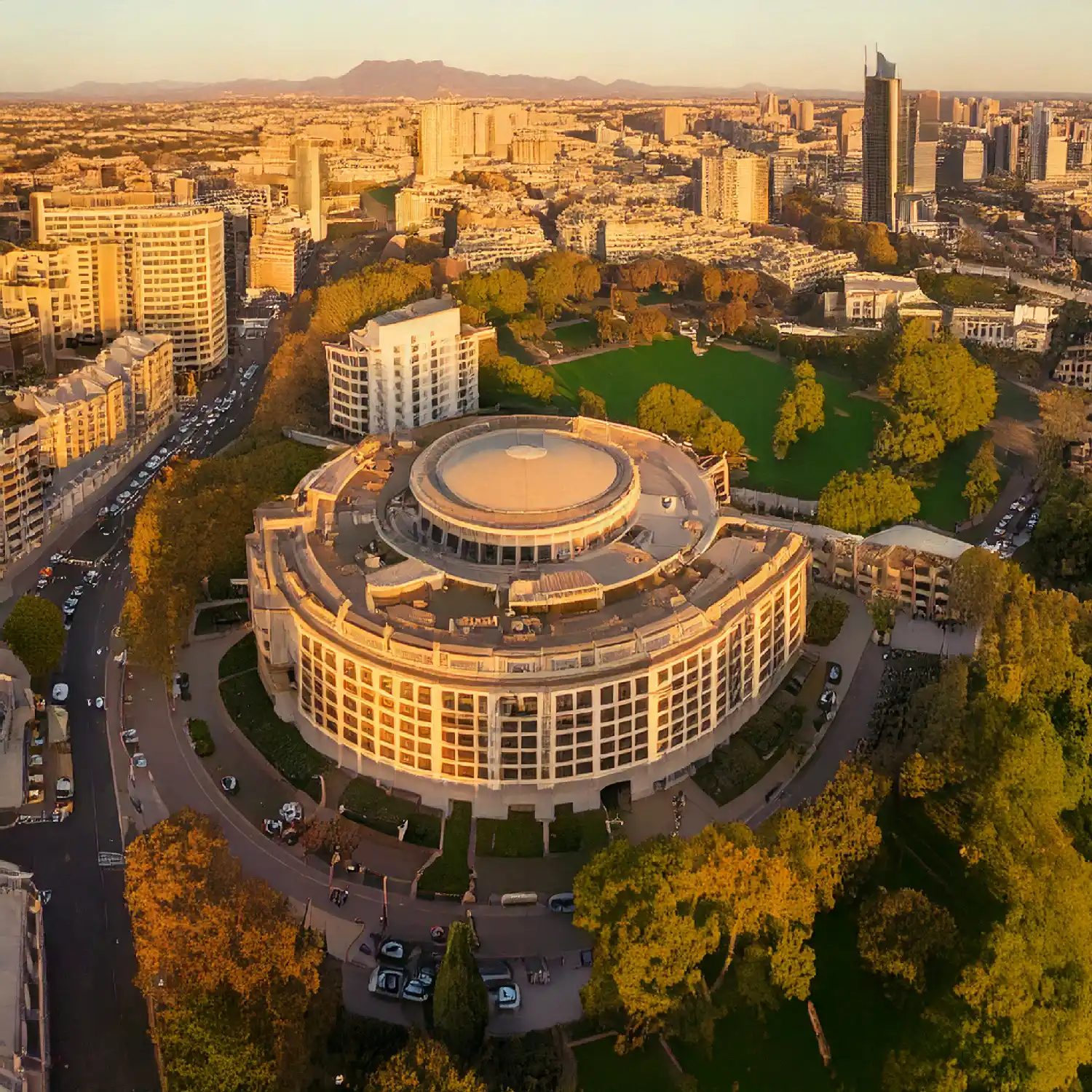 intégration urbaine hamonieuse autour d'une architecture de type le corbusier avec un parc 9